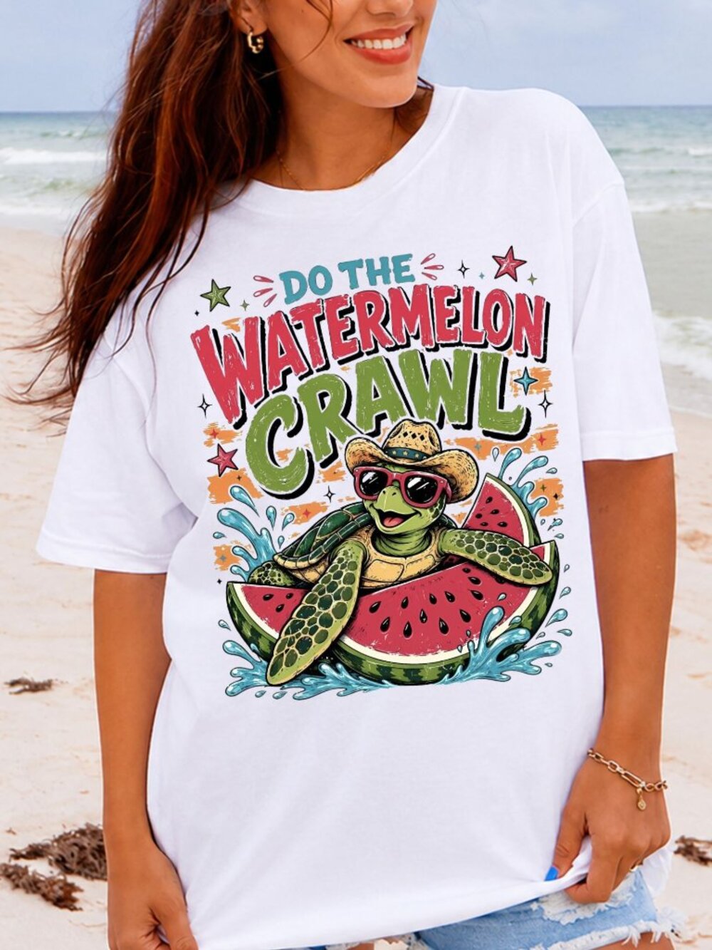 Graphic Shirt Watermelon Crawl Turtle Trendy Short Sleeve Tee Womens Tops White